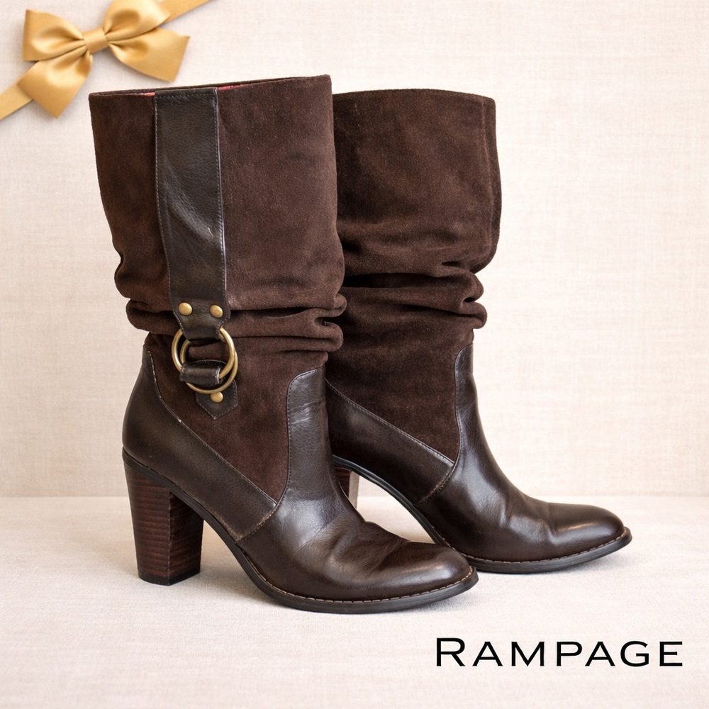 Rampage Mila Brown Leather Suede Slouch Mid-Calf Heeled Boots Size 7M